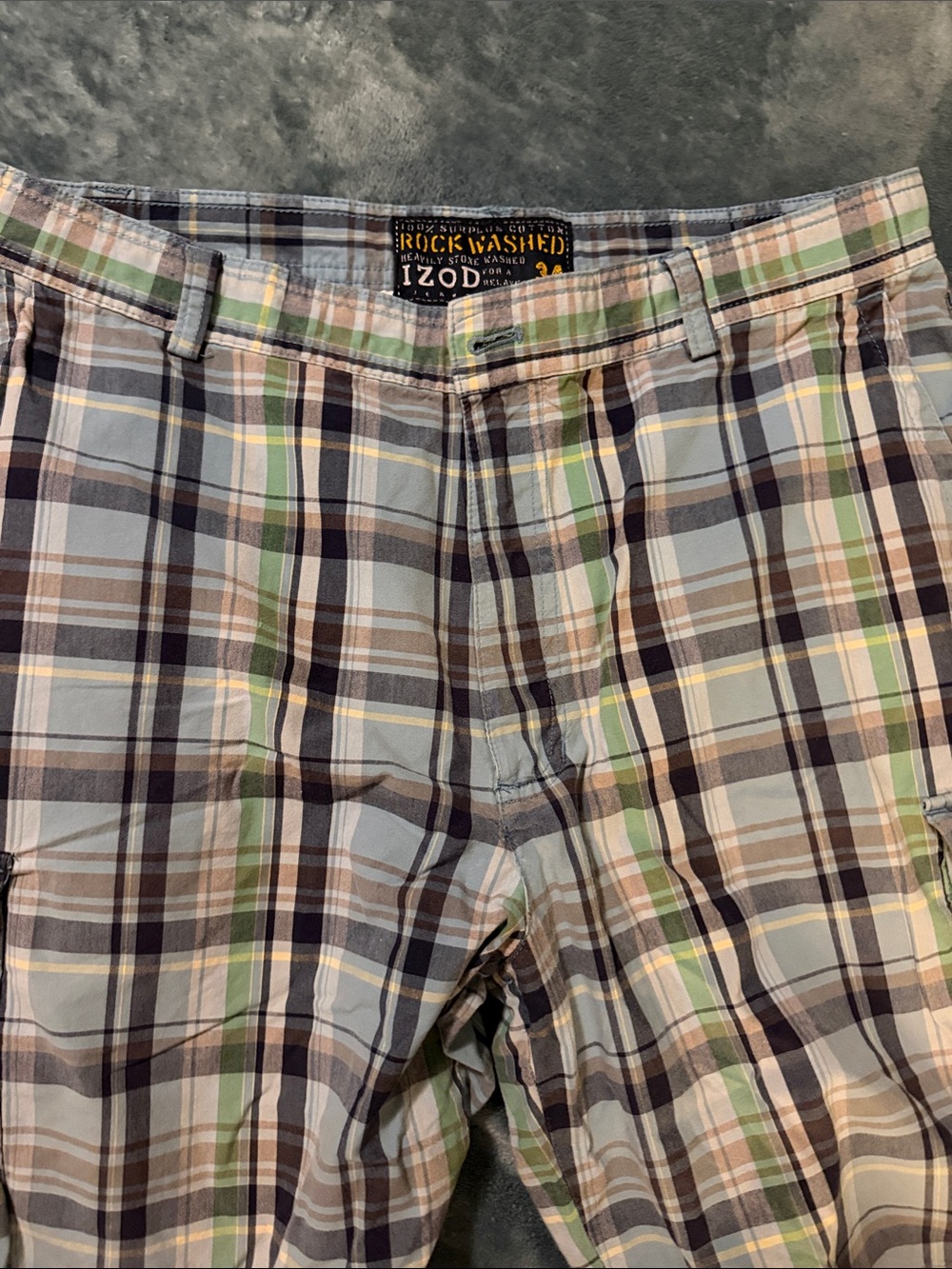 Izod Men's Plaid Flat Front Shorts in Light Blue, Green and Tan